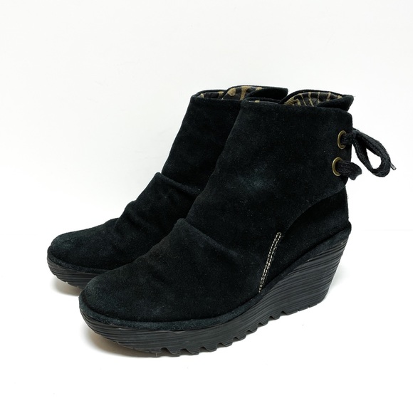 Fly London Yama Black Suede Wedge Back Lace Ankle Boots - Picture 4 of 8